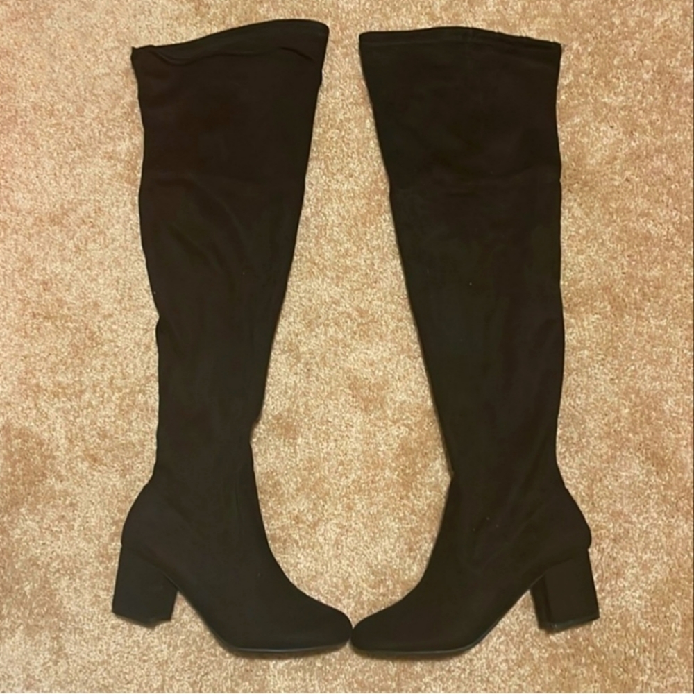 NWT LANE BRYANT BLACK FAUX SUADE THIGH HIGH BOOTS BLOCK HEEL SIZE 10W